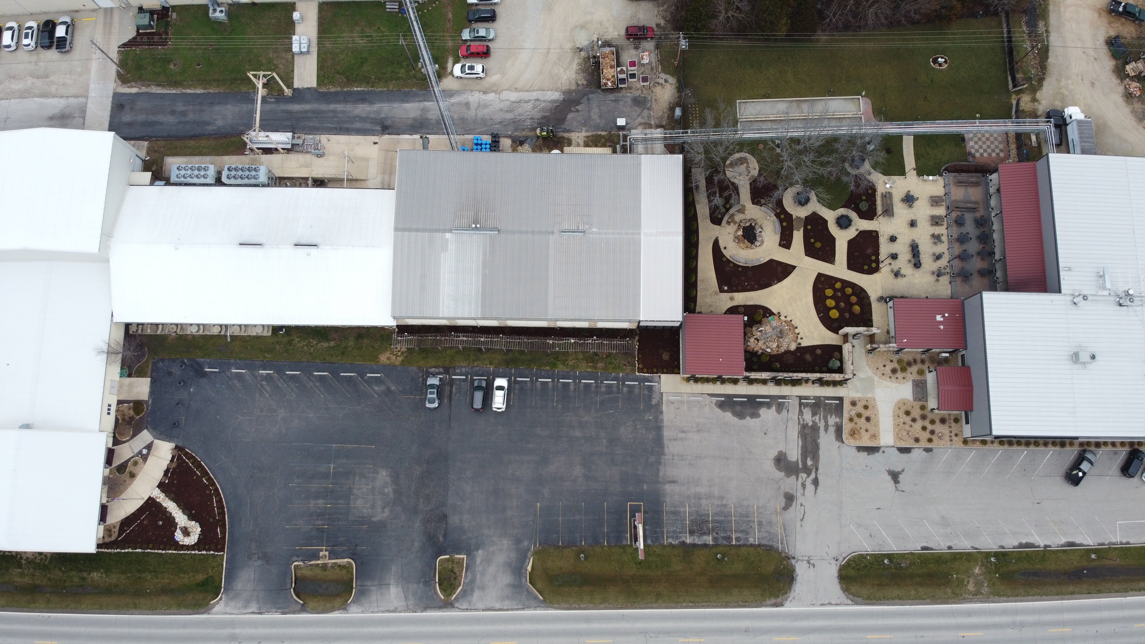 Aerial view of freshly mulched tree rings at a winery property